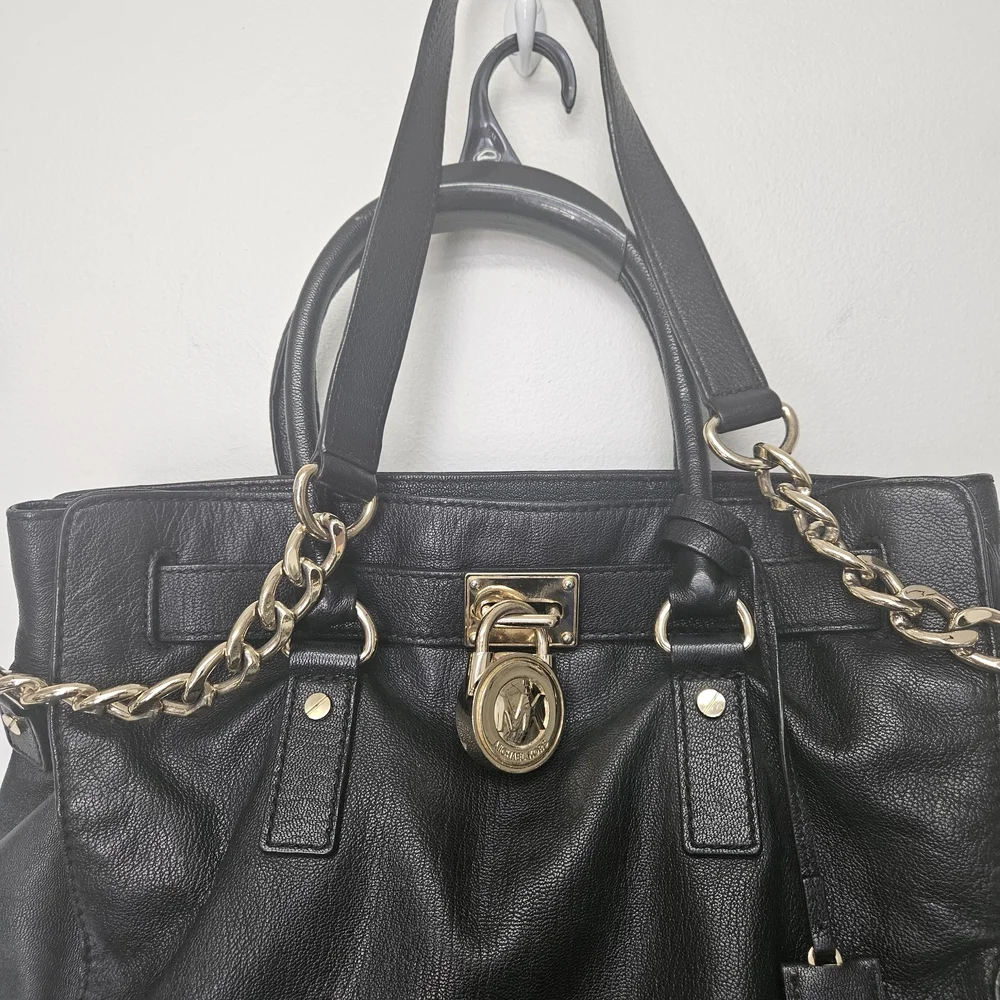 Michael Kors Black Leather Hamilton Large North South Tote with Gold Accents